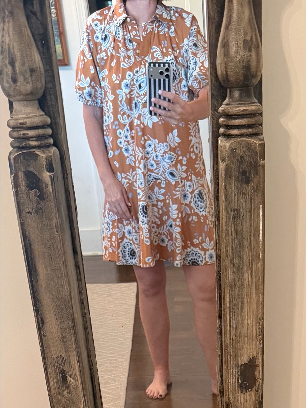 LOFT Rust Floral Shift Dress with White and Blue Accents